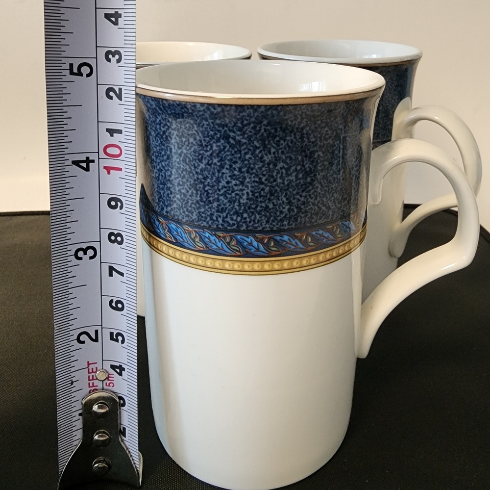 4 MIKASA Ultra Cream Blue and Yellow Trim Mugs Set of 4, 11 fl oz